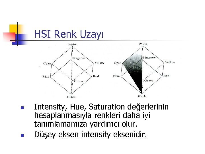 HSI Renk Uzayı n n Intensity, Hue, Saturation değerlerinin hesaplanmasıyla renkleri daha iyi tanımlamamıza