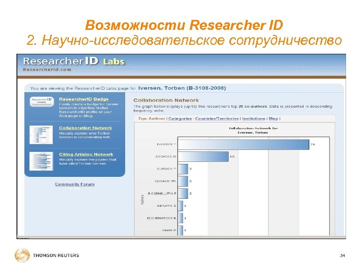 Возможности Researcher ID 2. Научно-исследовательское сотрудничество 34 