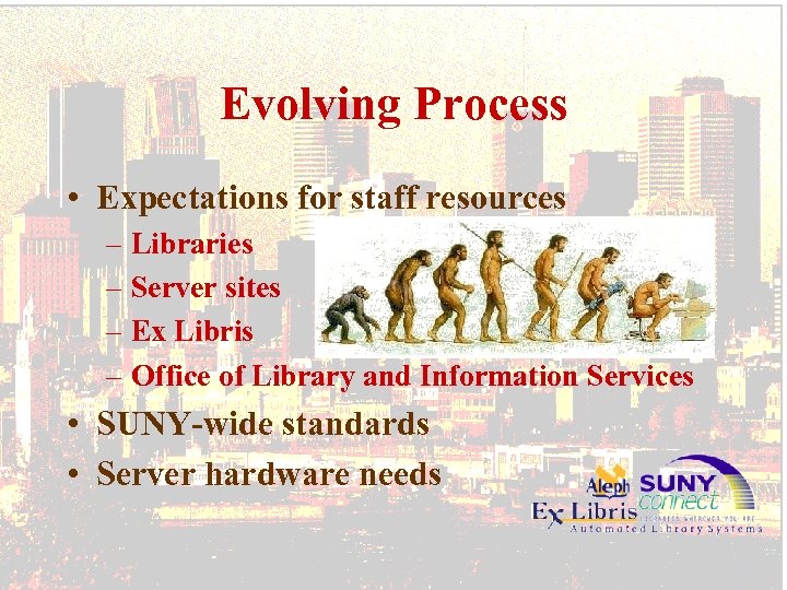 Evolving Process • Expectations for staff resources – Libraries – Server sites – Ex