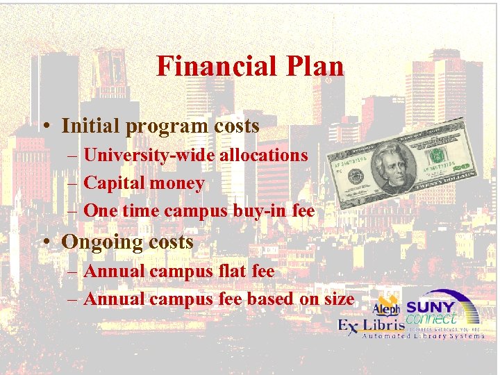 Financial Plan • Initial program costs – University-wide allocations – Capital money – One