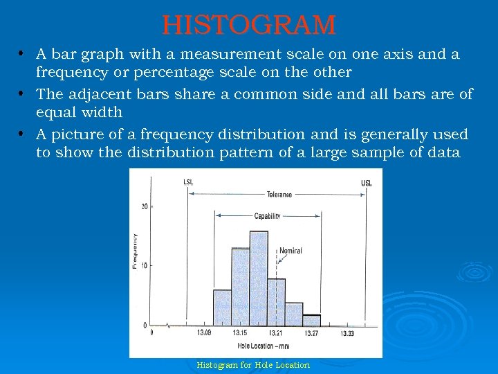 HISTOGRAM • A bar graph with a measurement scale on one axis and a