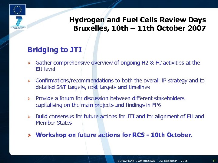 Hydrogen and Fuel Cells Review Days Bruxelles, 10 th – 11 th October 2007