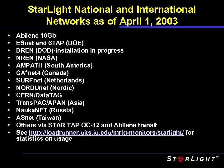 Star. Light National and International Networks as of April 1, 2003 • • •