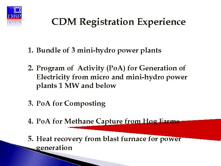 CDM Registration Experience 1. Bundle of 3 mini-hydro power plants 2. Program of Activity