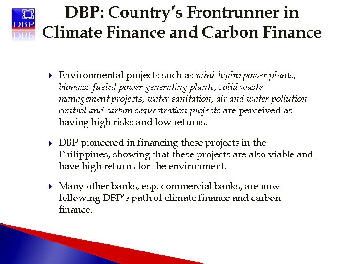 DBP: Country’s Frontrunner in Climate Finance and Carbon Finance Environmental projects such as mini-hydro