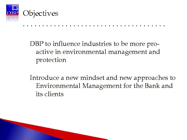 Objectives. . . . . DBP to influence industries to be more proactive in