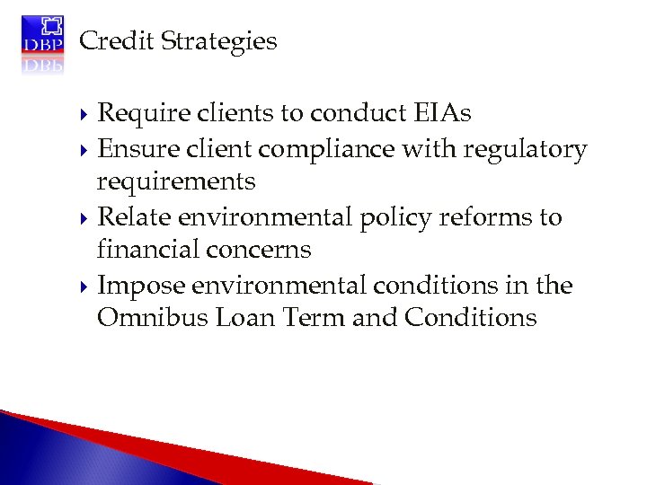 Credit Strategies Require clients to conduct EIAs Ensure client compliance with regulatory requirements Relate