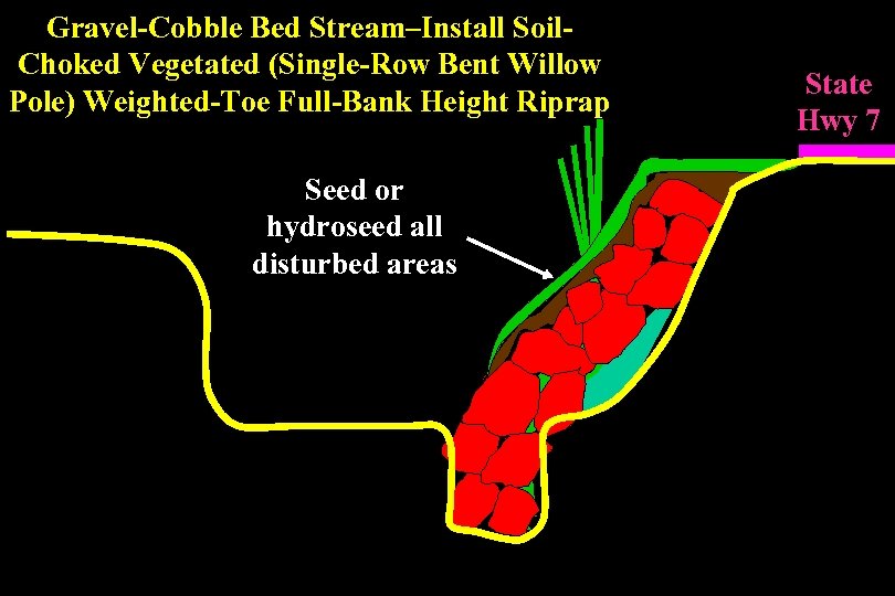 Gravel-Cobble Bed Stream–Install Soil. Choked Vegetated (Single-Row Bent Willow Pole) Weighted-Toe Full-Bank Height Riprap