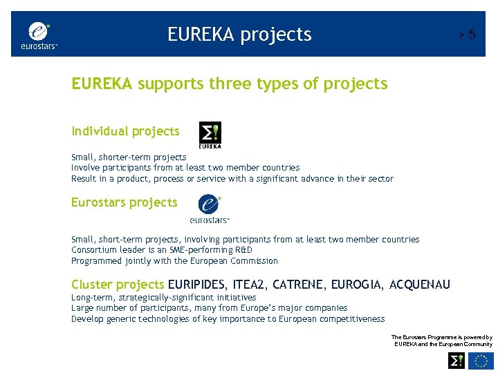 EUREKA projects >5 EUREKA supports three types of projects Individual projects Small, shorter-term projects