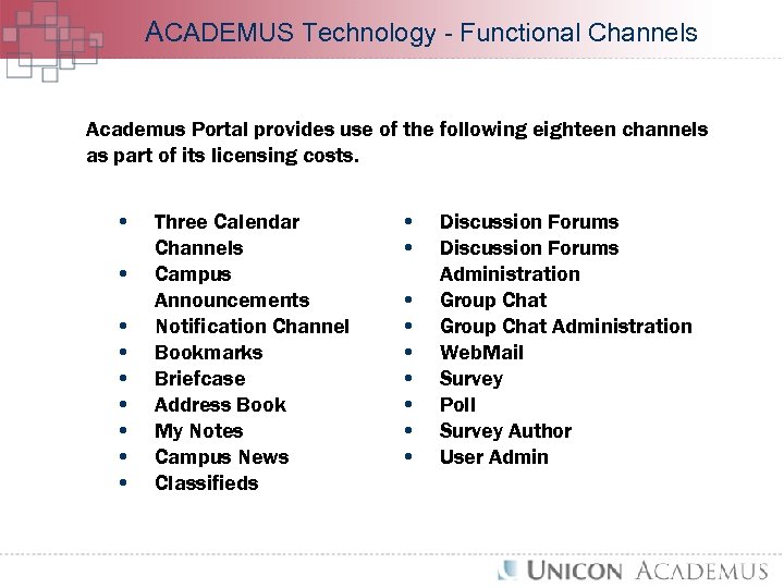 ACADEMUS Technology - Functional Channels Academus Portal provides use of the following eighteen channels