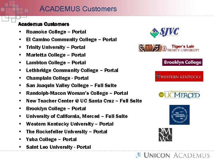 ACADEMUS Customers Academus Customers • Roanoke College – Portal • El Camino Community College
