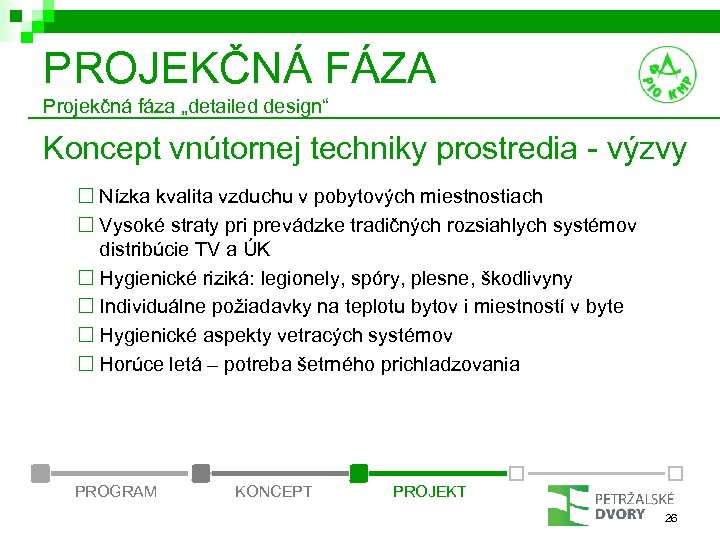 PROJEKČNÁ FÁZA Projekčná fáza „detailed design“ Koncept vnútornej techniky prostredia - výzvy ¨ Nízka