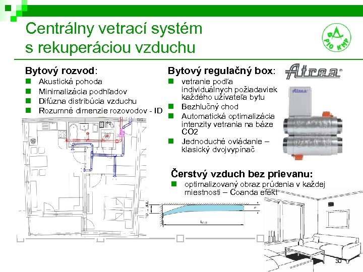 Centrálny vetrací systém s rekuperáciou vzduchu Bytový rozvod: n n Bytový regulačný box: Akustická
