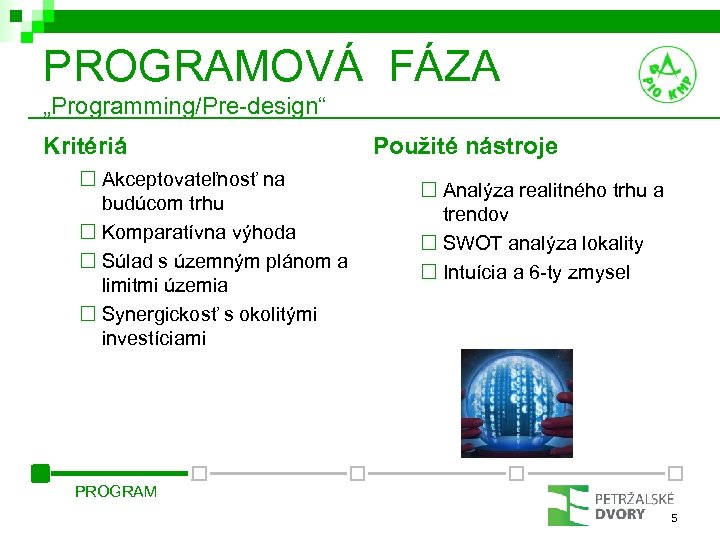 PROGRAMOVÁ FÁZA „Programming/Pre-design“ Kritériá ¨ Akceptovateľnosť na budúcom trhu ¨ Komparatívna výhoda ¨ Súlad