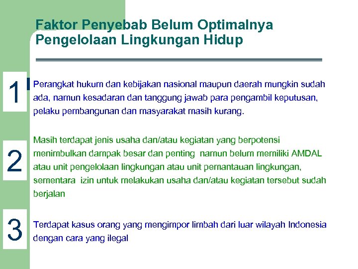 Faktor Penyebab Belum Optimalnya Pengelolaan Lingkungan Hidup 1 2 3 Perangkat hukum dan kebijakan