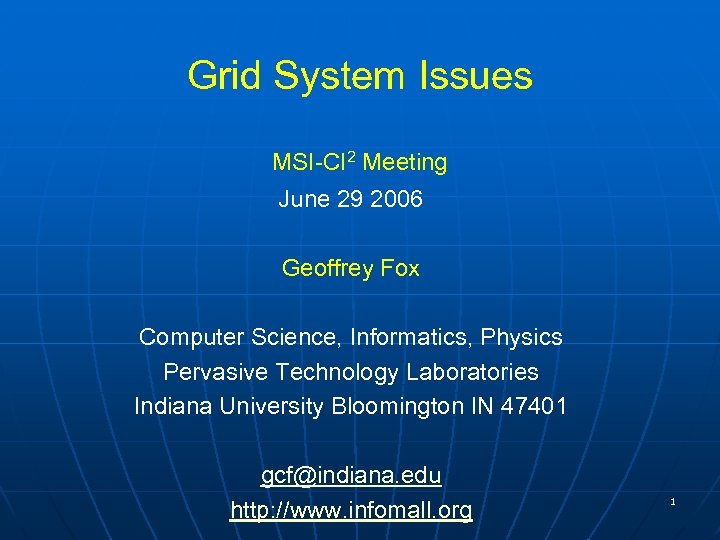 Grid System Issues MSI-CI 2 Meeting June 29 2006 Geoffrey Fox Computer Science, Informatics,