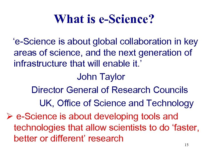 What is e-Science? ‘e-Science is about global collaboration in key areas of science, and