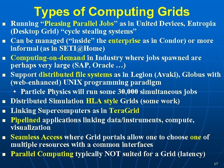 Types of Computing Grids Running “Pleasing Parallel Jobs” as in United Devices, Entropia (Desktop