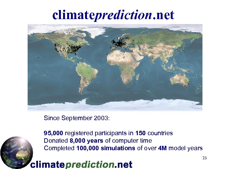 climateprediction. net Since September 2003: 95, 000 registered participants in 150 countries Donated 8,
