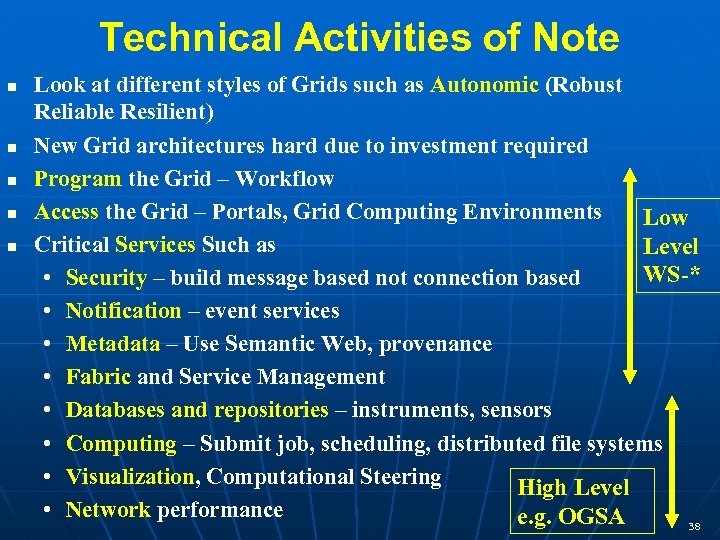 Technical Activities of Note Look at different styles of Grids such as Autonomic (Robust