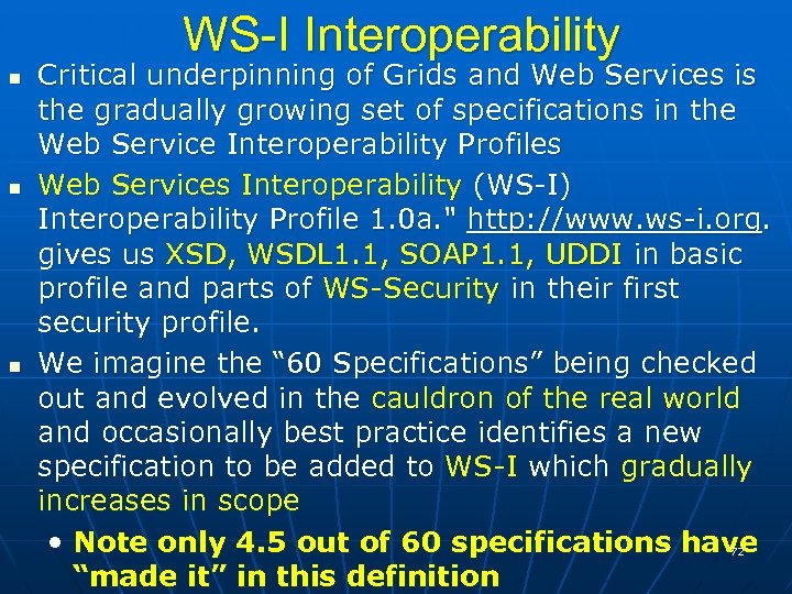 WS-I Interoperability Critical underpinning of Grids and Web Services is the gradually growing set