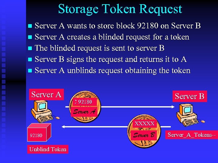 Storage Token Request n Server A wants to store block 92180 on Server B