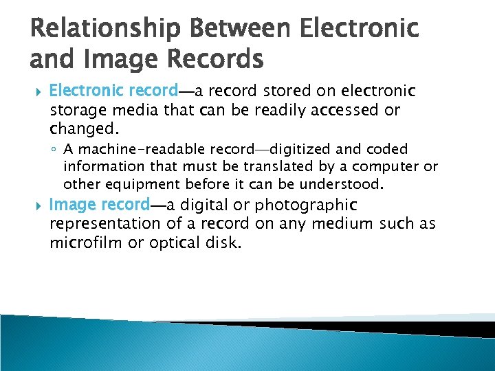 Relationship Between Electronic and Image Records Electronic record—a record stored on electronic storage media