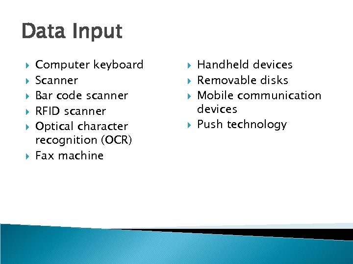 Data Input Computer keyboard Scanner Bar code scanner RFID scanner Optical character recognition (OCR)