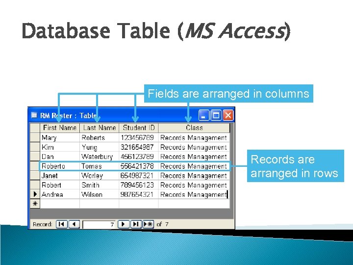 Database Table (MS Access) Fields are arranged in columns Records are arranged in rows