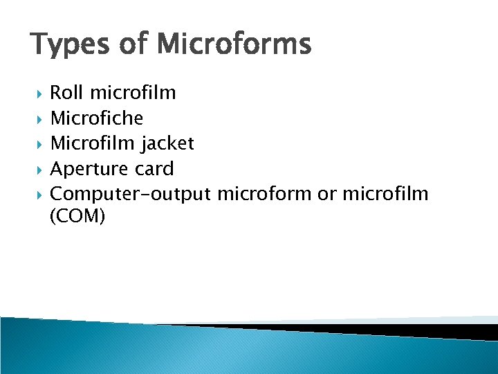 Types of Microforms Roll microfilm Microfiche Microfilm jacket Aperture card Computer-output microform or microfilm