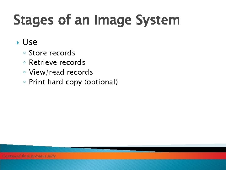 Stages of an Image System Use ◦ ◦ Store records Retrieve records View/read records