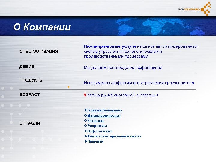 О Компании СПЕЦИАЛИЗАЦИЯ Инжиниринговые услуги на рынке автоматизированных систем управления технологическими и производственными процессами