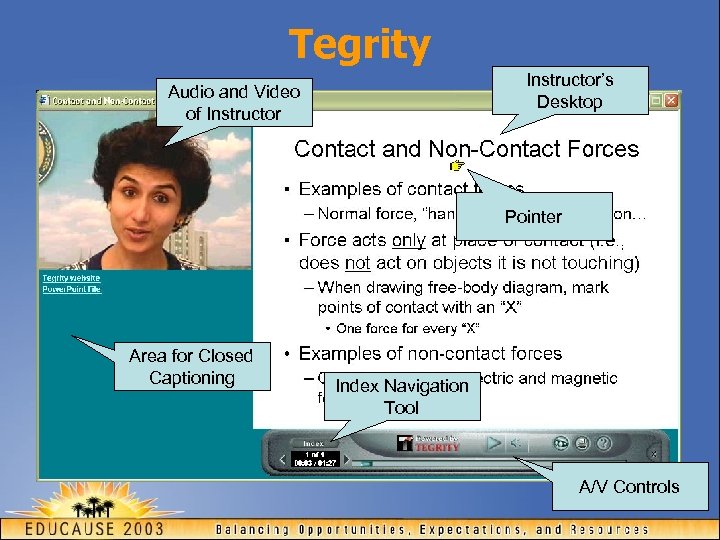 Tegrity Instructor’s Desktop Audio and Video of Instructor Pointer Area for Closed Captioning Index