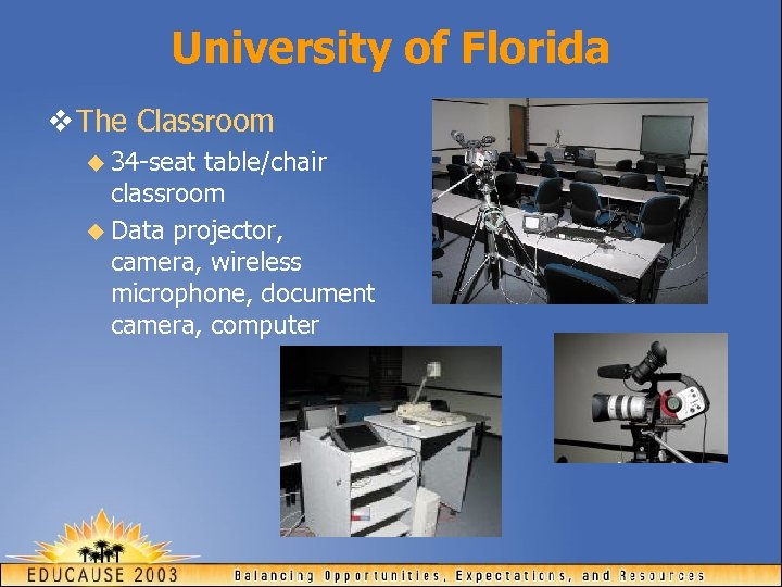 University of Florida v The Classroom u 34 -seat table/chair classroom u Data projector,