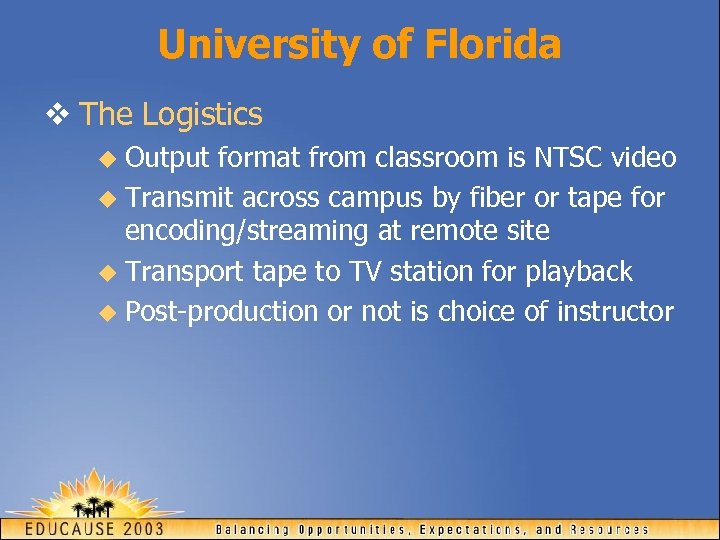University of Florida v The Logistics u Output format from classroom is NTSC video