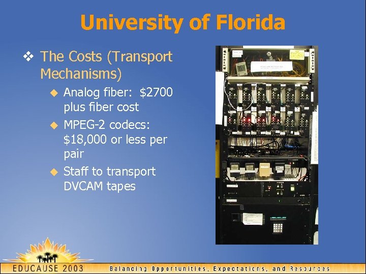 University of Florida v The Costs (Transport Mechanisms) u u u Analog fiber: $2700
