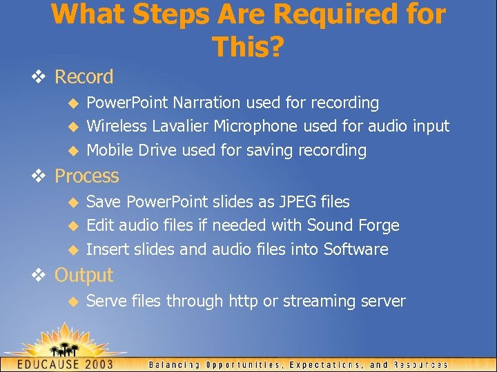 What Steps Are Required for This? v Record u u u Power. Point Narration