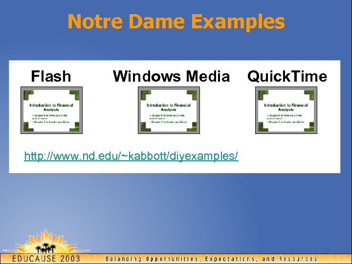 Notre Dame Examples Flash Windows Media http: //www. nd. edu/~kabbott/diyexamples/ Quick. Time 