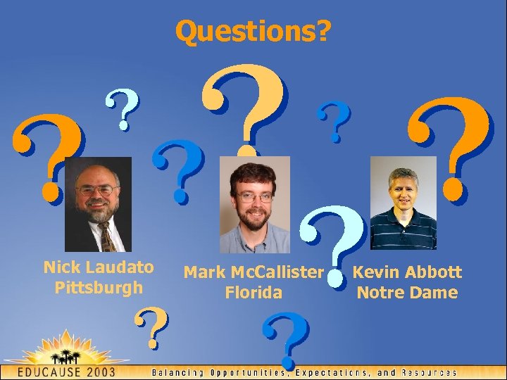 Questions? Nick Laudato Pittsburgh Mark Mc. Callister Florida Kevin Abbott Notre Dame 