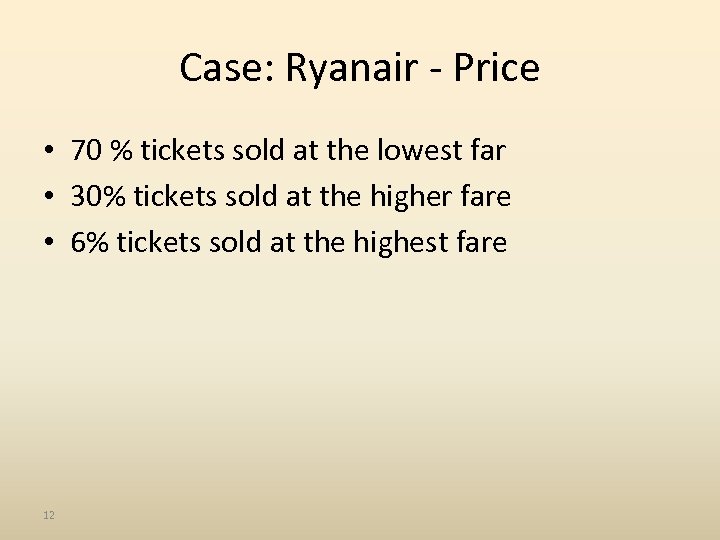 Case: Ryanair - Price • 70 % tickets sold at the lowest far •