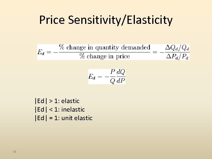 Price Sensitivity/Elasticity |Ed| > 1: elastic |Ed| < 1: inelastic |Ed| = 1: unit