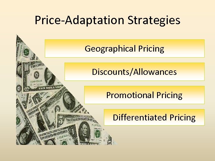 Price-Adaptation Strategies Geographical Pricing Discounts/Allowances Promotional Pricing Differentiated Pricing 