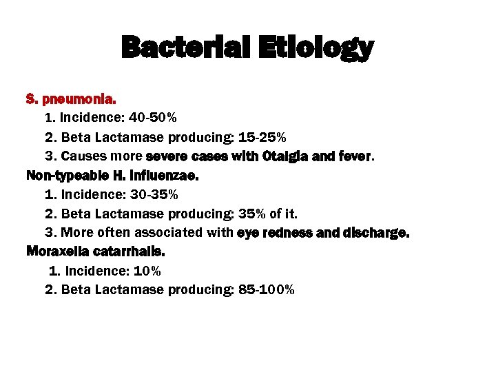 Bacterial Etiology S. pneumonia. 1. Incidence: 40 -50% 2. Beta Lactamase producing: 15 -25%