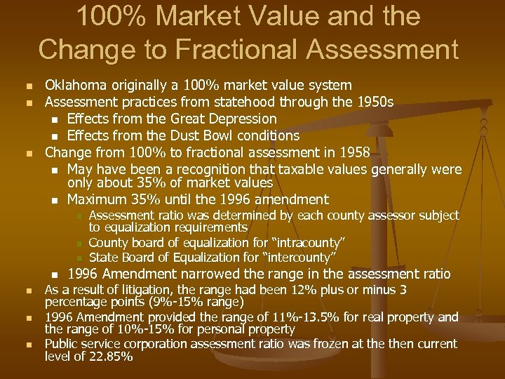 100% Market Value and the Change to Fractional Assessment n n n Oklahoma originally