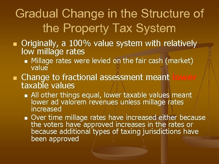 Gradual Change in the Structure of the Property Tax System n Originally, a 100%