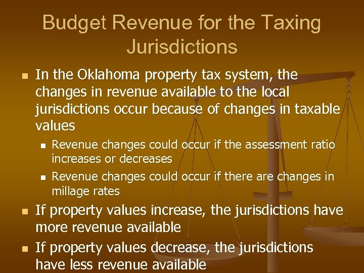 Budget Revenue for the Taxing Jurisdictions n In the Oklahoma property tax system, the