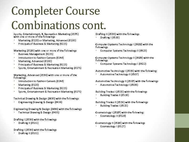 Completer Course Combinations cont. Sports, Entertainment, & Recreation Marketing (8175) with one or more