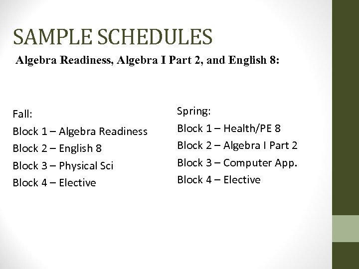 SAMPLE SCHEDULES Algebra Readiness, Algebra I Part 2, and English 8: Fall: Block 1