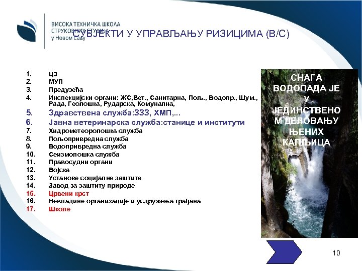СУБЈЕКТИ У УПРАВЉАЊУ РИЗИЦИМА (В/С) 1. 2. 3. 4. ЦЗ МУП Предузећа Инспекцијски органи: