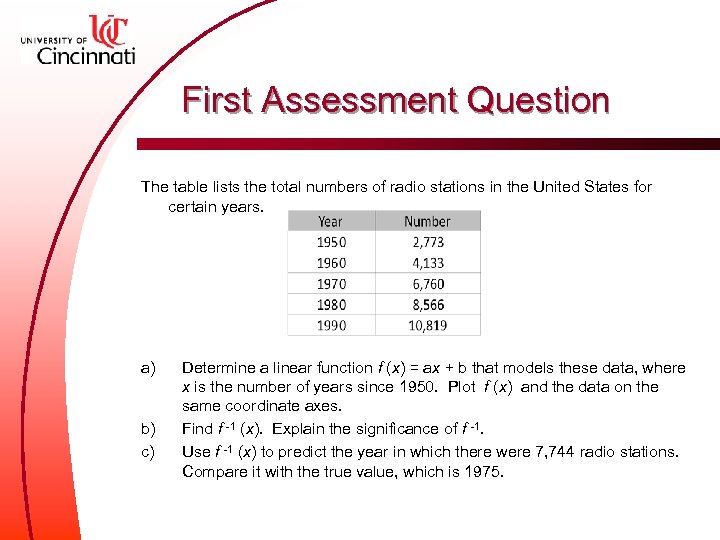 First Assessment Question The table lists the total numbers of radio stations in the